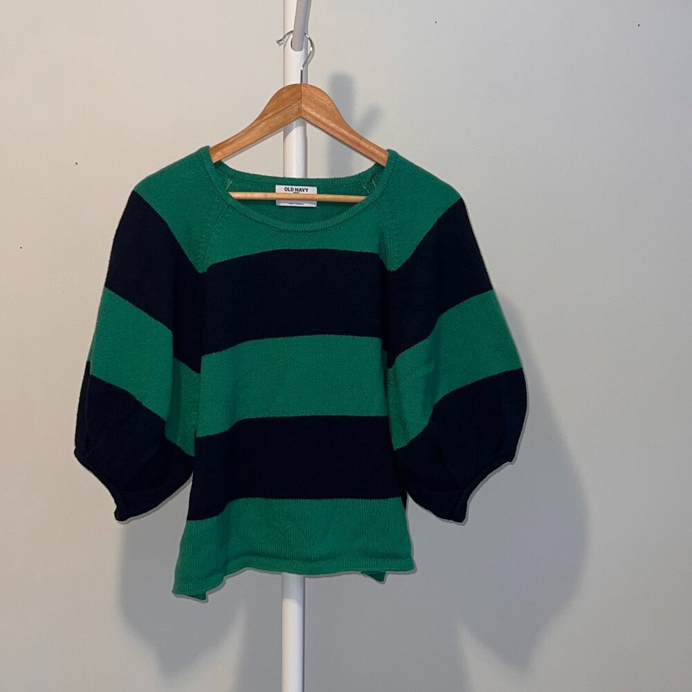 Green & Blue Rugby Stripe Cropped Sweater with Puff Sleeves